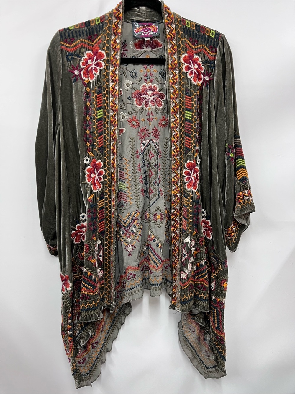 Johnny Was silk blend Velvet draped Kimono Jacket intricate Floral embroidery XL